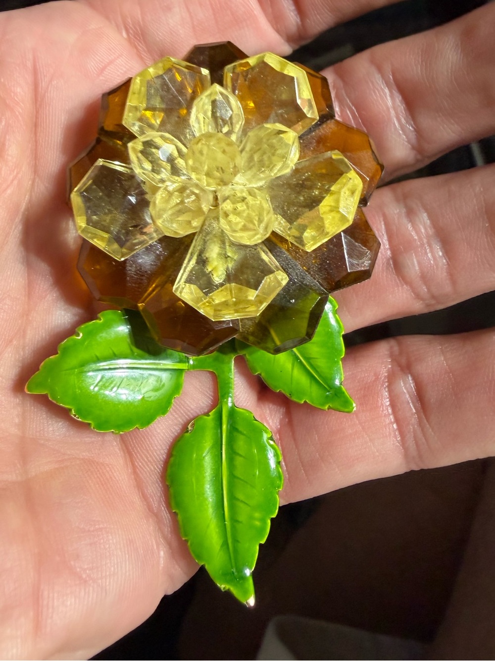 Vintage West Germany Lucite Flower Enamel Metal Faceted Amber Yellow Brooch
